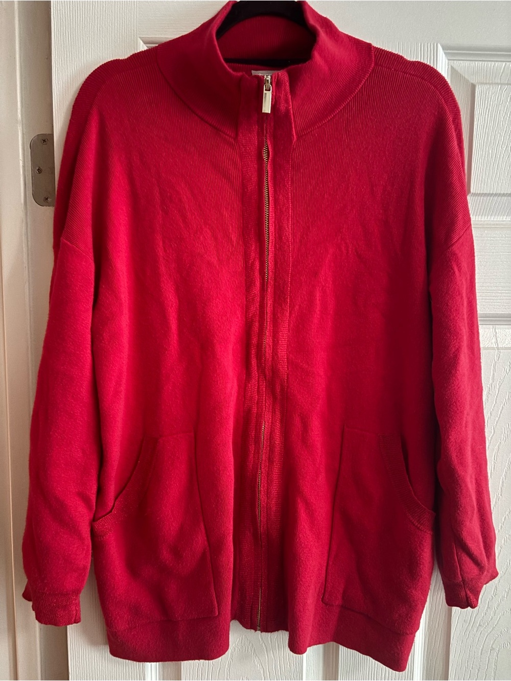 Chico's Zenergy zip up cardigan mock neck sparkles cotton festive stretch red L